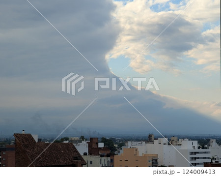 Cordoba, Argentina - 03.15.2025: View of the city from the ninth floor of Cardinales Cofico in cloudy weather. Cordoba, Argentina - 03.15.2025: View of the city from the ninth floor of Cardinales Cofico in cloudy weather. 124009413