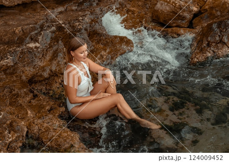 Woman Swimsuit Rock Formation Beach Relaxation Woman Swimsuit Rock Formation Beach Relaxation 124009452