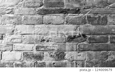 Old grungy gray brick wall, close-up background texture. Black and white 124009679
