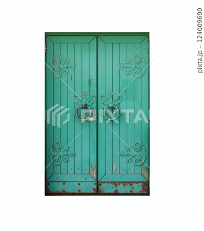Ancient green wooden door isolated on white background, front view Ancient green wooden door isolated on white background, front view 124009690