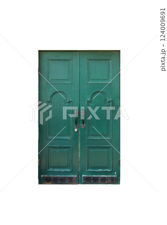 Vintage green wooden door isolated on white background, front view Vintage green wooden door isolated on white background, front view 124009691