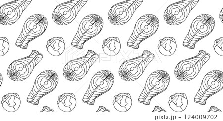 Hand drawn Brussels sprout heads Salmon steak Seamless pattern Banner format Healthy eating Backdrop 124009702