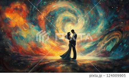 Couple dancing under swirling galaxies with vibrant colors in a cosmic setting 124009905