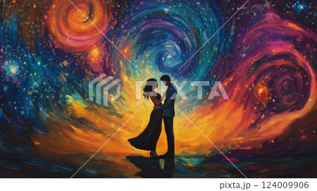 Couple dancing under swirling galaxies with vibrant colors in a cosmic setting 124009906