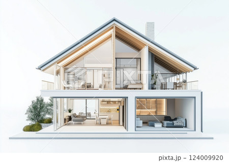Modern glass-fronted house design merges elegance and comfort in a serene environment 124009920