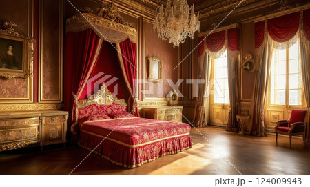 Elegant red palace bedroom interior and luxurious bed in a historic setting 124009943