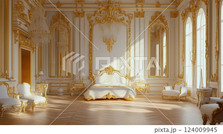 Elegant white and gold palace bedroom interior and luxurious bed in a historic setting 124009945