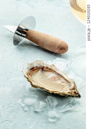 Oyster with a glass of wine, on ice, on a slate background 124010285