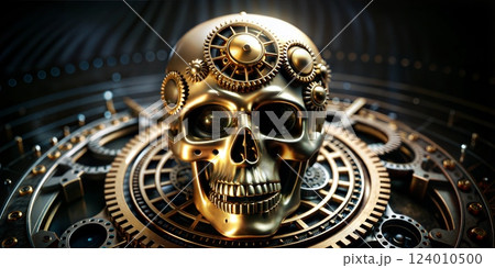 A detailed mechanical skull featuring golden gears and a futuristic design, illuminated by a backdrop of glowing lights and intricate machinery 124010500