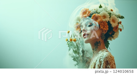 Woman adorned with flowers and smoke in a dreamy, pastel atmosphere 124010658