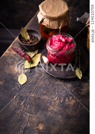 Healthy homemade fermented food in jars 124010709