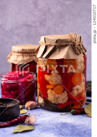 Healthy homemade fermented food in jars 124010717