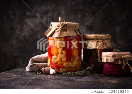 Healthy homemade fermented food in jars 124010849