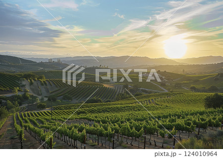 Beautiful vineyards in the sun. Generative AI 124010964