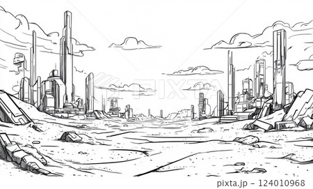 未来都市の荒廃した風景、白黒スケッチ	 124010968