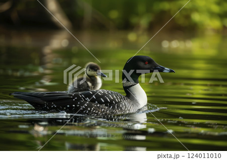 Duck with a duckling on its back. Generative AI Duck with a duckling on its back. Generative AI 124011010