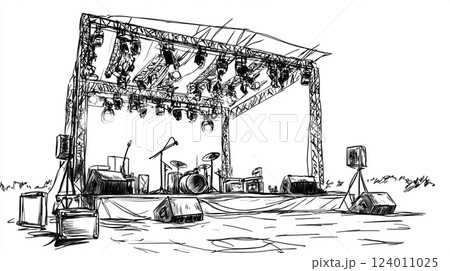 野外コンサートステージの白黒スケッチ	 野外コンサートステージの白黒スケッチ	 124011025