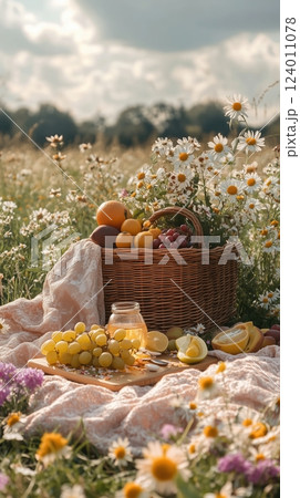 Colorful picnic setup on a meadow with flowers and a wicker basket filled with fruit 124011078