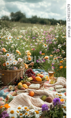 Colorful picnic setup on a lush meadow filled with blooming wildflowers and a wicker basket 124011079