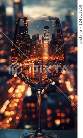 Stunning wine glass reflecting a vibrant urban cityscape at sunset 124011259