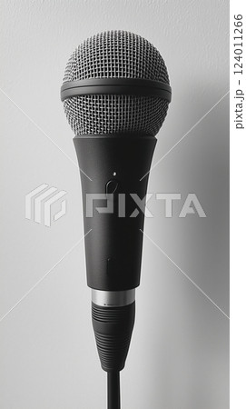 Minimalist microphone design captured against pure white background emphasizing clean lines Minimalist microphone design captured against pure white background emphasizing clean lines 124011266