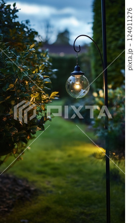 Hanging solar glass ball light illuminating a garden path at dusk 124011276