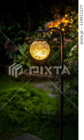 Solar glass ball light enhances garden ambiance during evening hours 124011277