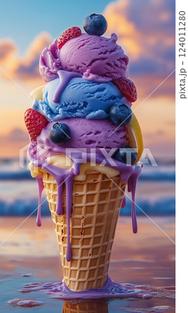 Colorful ice cream cone featuring three scoops on a beach at sunset 124011280
