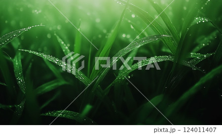 Fresh green grass glistening with dewdrops in the gentle morning sunlight 124011407
