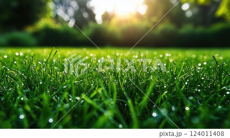 Fresh green grass adorned with dewdrops in the early morning light creates a serene atmosphere 124011408