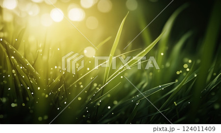 Fresh green grass glistening with dewdrops in morning sunlight creating a serene natural atmosphere 124011409