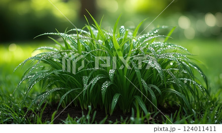 Fresh green grass with dewdrops glistening in the morning sun creating a serene natural mood 124011411