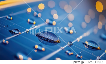 Water droplets enhance the texture of a solar panel surface after a rainstorm 124011413