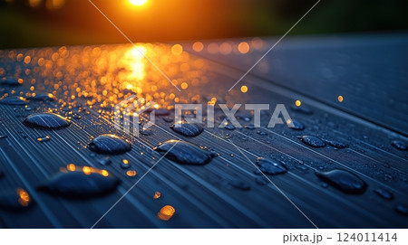 Close-up of raindrops on solar panel in sunlight highlighting intricate textures and reflections 124011414