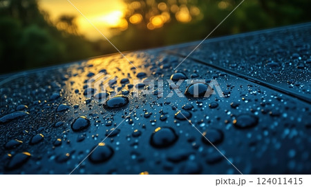 Close-up view of water droplets on solar panel surface after rain showcasing droplets and texture 124011415