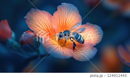 Bee gathers pollen from a colorful flower in a lush garden during daylight 124011443