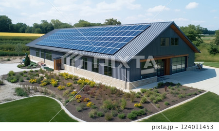 Modern eco-friendly home with sleek solar panels and a lush garden in a suburban setting 124011453