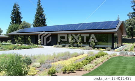 Modern home design featuring sleek solar panels and a lush garden in a suburban setting 124011455