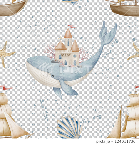 Watercolor seamless Pattern with Whale and Boat for childish wallpaper or kids textile design. Nautical Background with underwater animal for kids linen in pastel colors. Ornament in fairytale style. Watercolor seamless Pattern with Whale and Boat for childish wallpaper or kids textile design. Nautical Background with underwater animal for kids linen in pastel colors. Ornament in fairytale style. 124011736