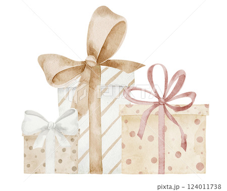 Watercolor illustration of three Gift boxes with pastel Bows and Ribbons for birthday greeting cards designs or holiday invitation cards. Drawing of Presents in pastel beige colors for party. 124011738