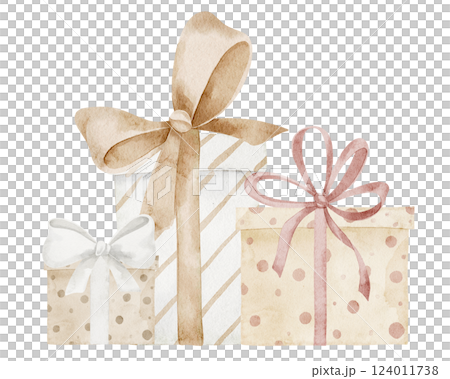 Watercolor illustration of three Gift boxes with pastel Bows and Ribbons for birthday greeting cards designs or holiday invitation cards. Drawing of Presents in pastel beige colors for party. 124011738