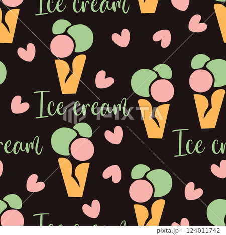 Seamless pattern ice cream balls in a waffle cone 124011742