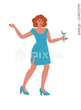 Cheerful redhead in dress dancing with cocktail 124011745