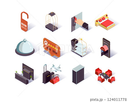 Hotel infrastructure isometric icons set. Hotel booking and review, reception desk, restaurant, lobby, suitcases and room service pictograms. Hotel reservation and touristic 3d isometry illustration. Hotel infrastructure isometric icons set. Hotel booking and review, reception desk, restaurant, lobby, suitcases and room service pictograms. Hotel reservation and touristic 3d isometry illustration. 124011778