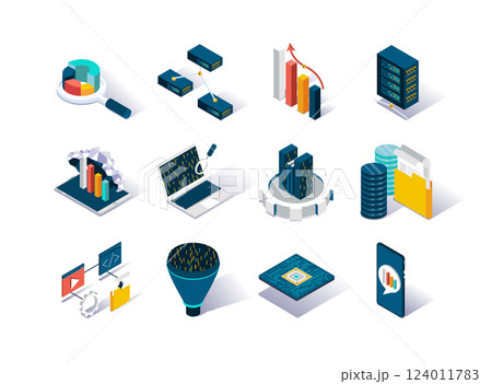 Big data isometric icons set. Data collection, storage in cloud database and analysis. Computer technology and scientific methods and algorithms. Data analysis 3d isometry illustration. Big data isometric icons set. Data collection, storage in cloud database and analysis. Computer technology and scientific methods and algorithms. Data analysis 3d isometry illustration. 124011783