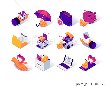 Social security isometric icons set. Social benefits for disability, payments for pension and childbirth. Mortgage benefits and insurance. Social protection and assistance 3d isometry illustration. 124011788
