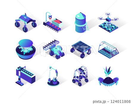 Agriculture robotisation isometric icons set. Growing seedling, hydroponic, spray chemical and harvesting automation. Smart robotic farmers in agriculture, technology 3d isometry illustration. 124011808