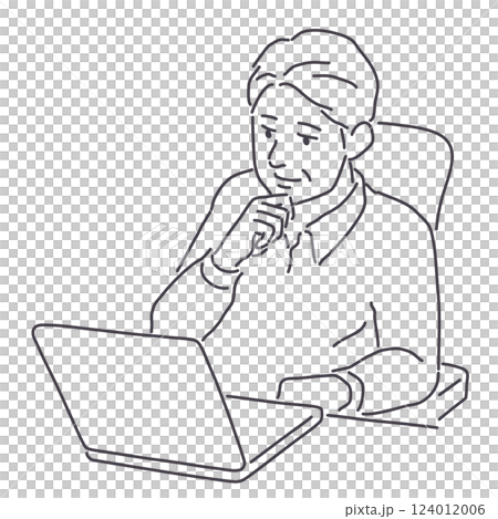 Middle-aged man with hand on chin in front of laptop computer, lines only 124012006