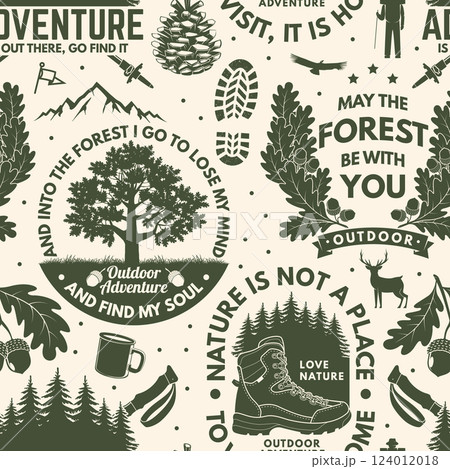 Outdoor adventure seamless pattern with emblems, logos. Background, wallpaper, seamless pattern with oak leaf and acorns, hiking boot, pin forest, coffee or tea mug, hiking poles. Vector. 124012018