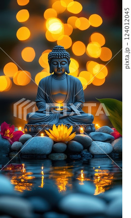 Buddha statue in lotus position on water surrounded by stones and flowers with bokeh lights 124012045